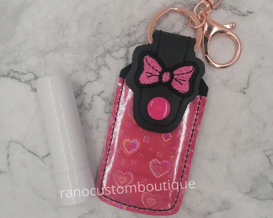 Embroidered Holographic Pink Bow Lip Balm,Lip Balm Holder,Lip Balm Keychain,Backpack Clip Accessories,Lobster Clasp Holder,Bow Lip Balm