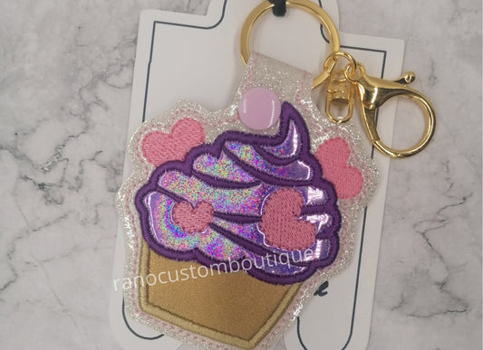 Embroidered, Purple Topping Cupcake Key Fob, Embroidered Cupcake Keychain, Embroidered Design Cupcake, Purple Key Fob