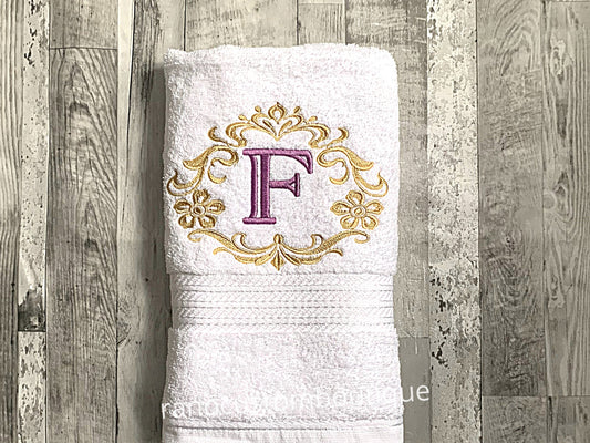 Personalised Embroidered Towel, Custom Towel, Damask Monogram Frame design, Embroidered Monogram Towel, Personalized Towel