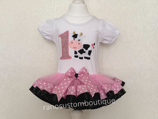 Embroidered Girl Baby Shirt and Tutu Set, Tutu and Shirt Set, Embroidered Baby Cow Design, Embroidered Girls Clothing, Girl's Clothing