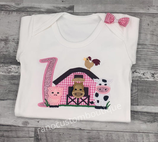 Personalizable Embroidered Girl Shirts, , Embroidered Farm Animals design, Embroidered Barn Applique Design