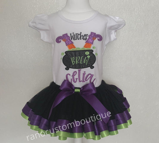 Personalized Halloween Girls Tutu outfit, Embroidered Witch Cauldron T-Shirt Designs, Halloween Ribbon Trim, Black Custom Tutu