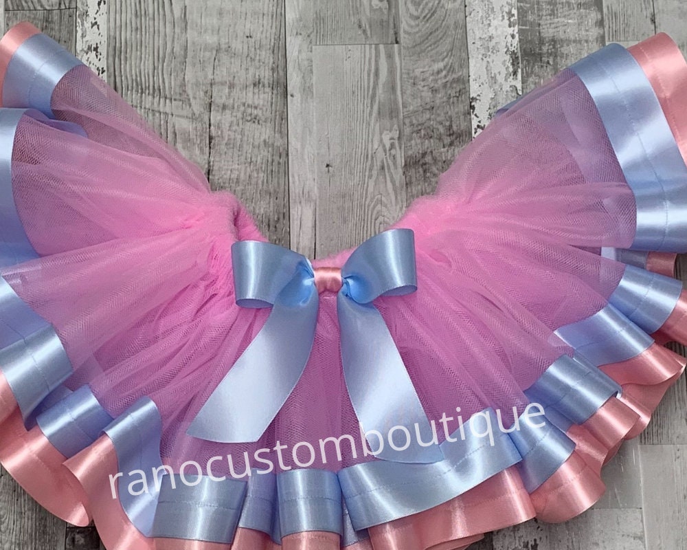 Pink Tutu Skirt, Birthday Girl Pink Tutu, Pink and Blue Satin Ribbon Trim Tutu, Birthday Party Ribbon Trim