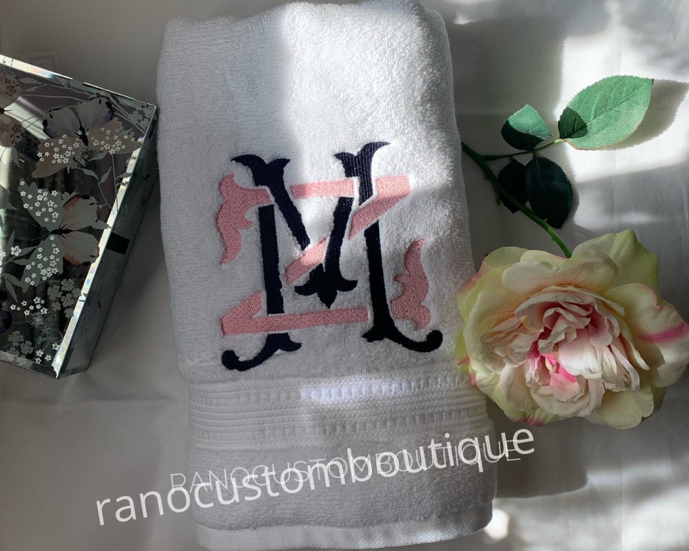 Monogrammed Towel, Personalised Embroidered Towel, Wedding Gifts, Interlocking Double Letter Monogram