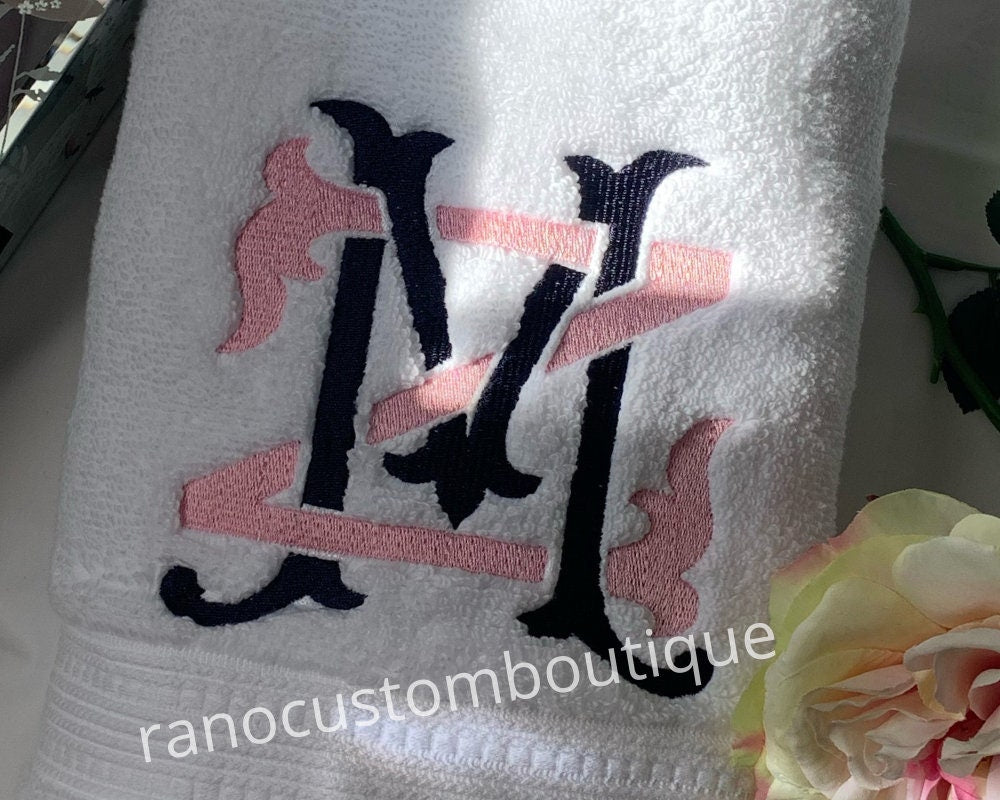 Monogrammed Towel, Personalised Embroidered Towel, Wedding Gifts, Interlocking Double Letter Monogram