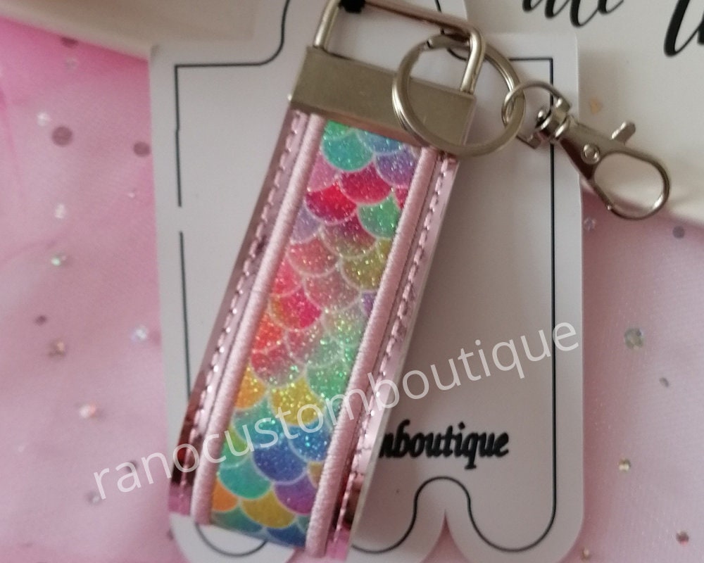 Embroidered Pink Keyring Wristlet, Pink Glitter Vinyl Key Fob, Embroidered Key Chain, Glitter Ping Wristlet Key Chain
