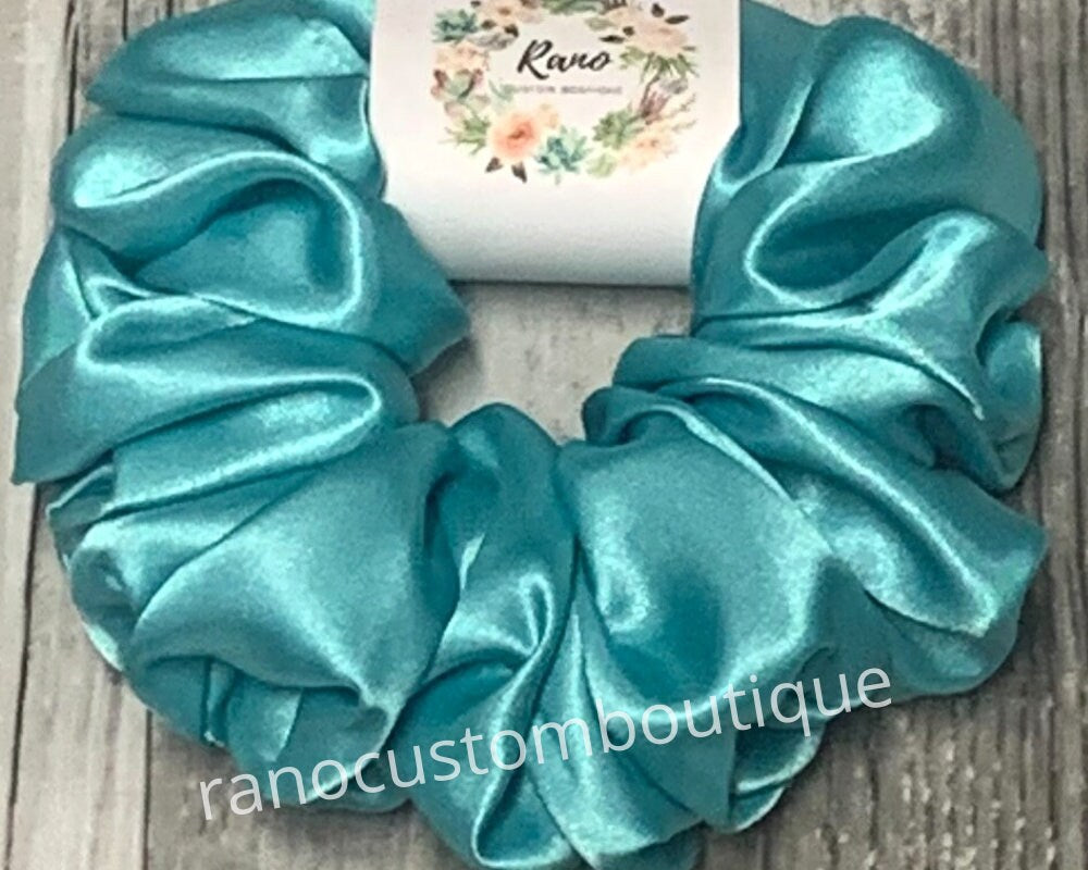 Aqua Satin Chunky Scrunchie, XL Floral Satin Scrunchie, Hair Accessory,Hair Tie, Bridesmaid,Birthday Gift For Her
