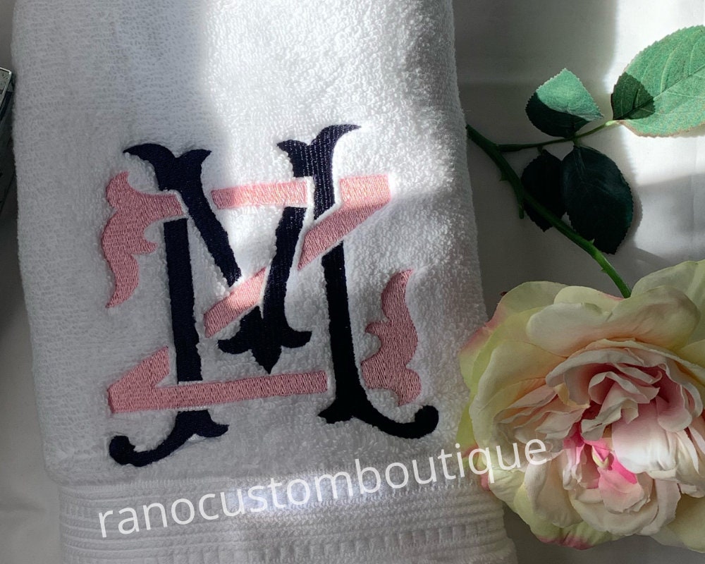 Monogrammed Towel, Personalised Embroidered Towel, Wedding Gifts, Interlocking Double Letter Monogram