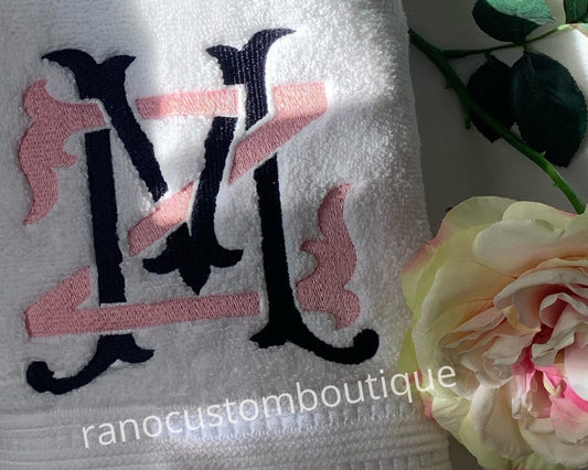 Monogrammed Towel, Personalised Embroidered Towel, Wedding Gifts, Interlocking Double Letter Monogram