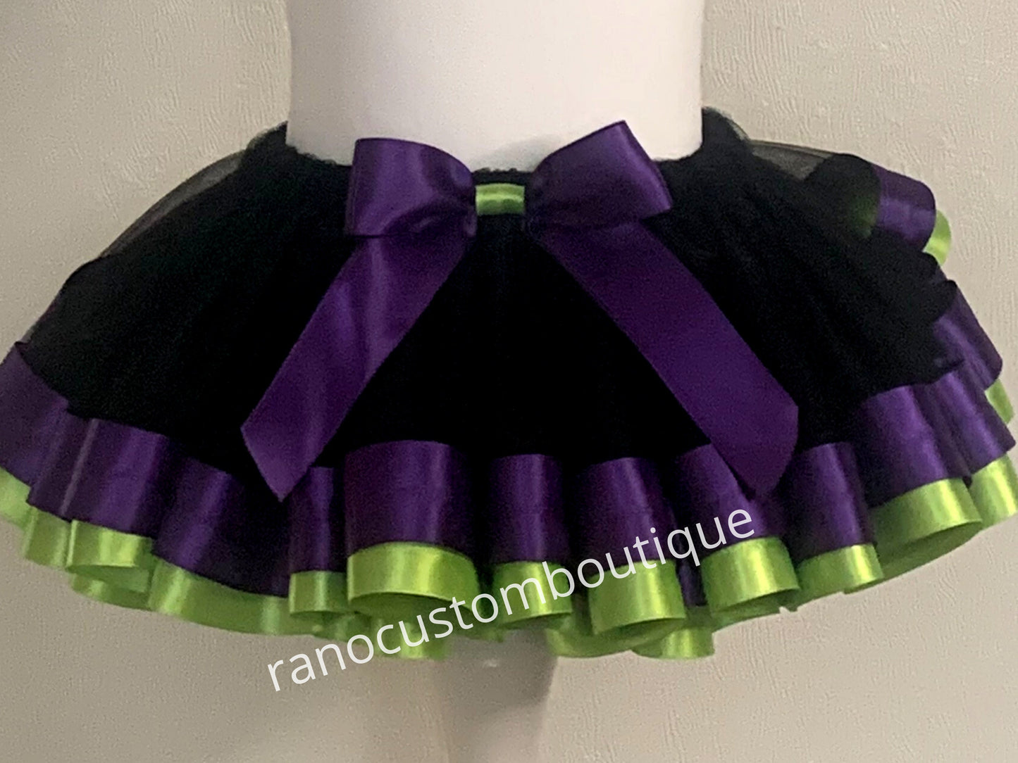 Black Tutu Skirt, Birthday Party Girl Tutu Skirt, Purple and Green Satin Ribbon Trim Tutu, Black Halloween Tutu Skirt