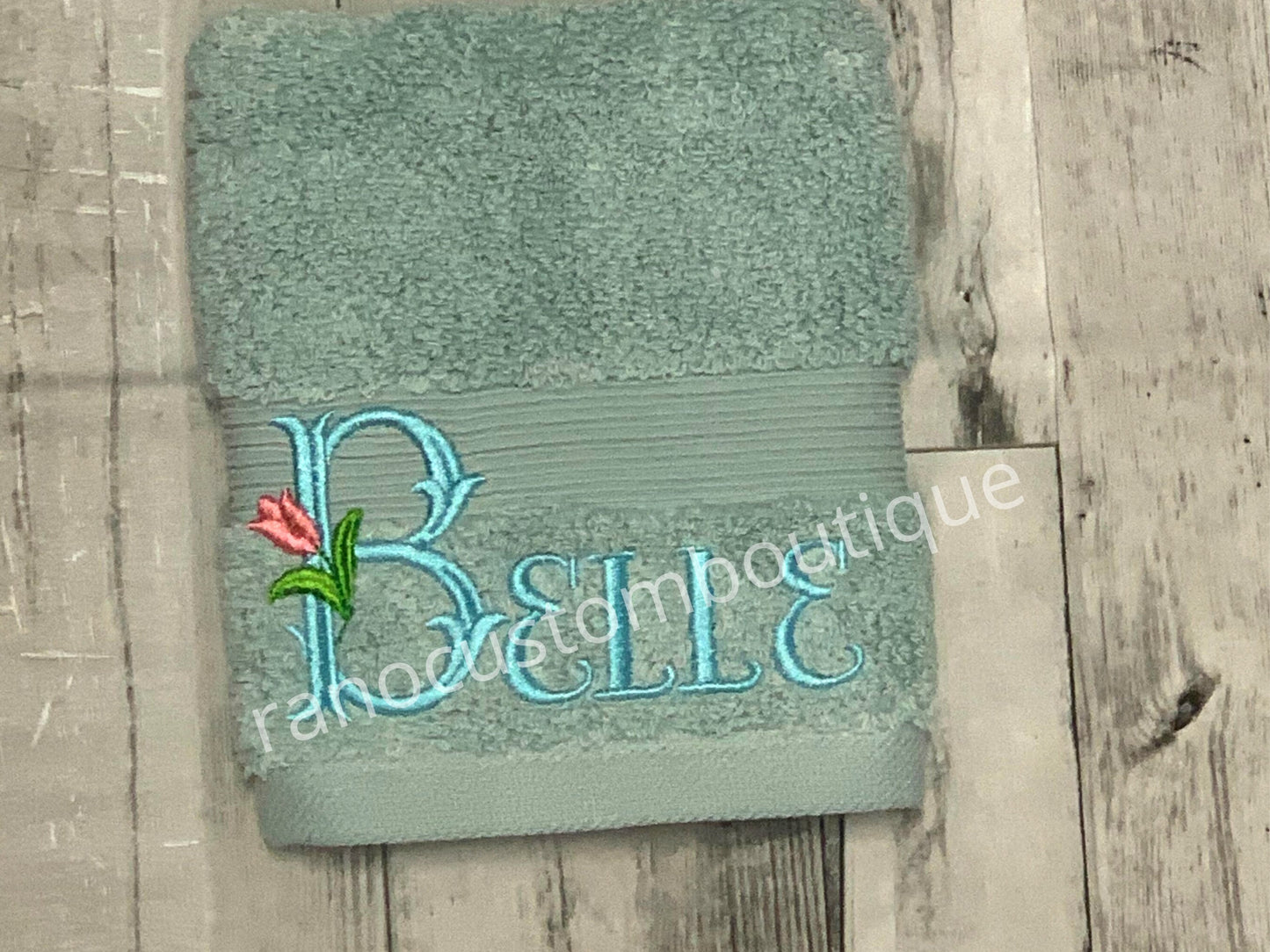 Monogrammed Tulip design Towel, Embroidered Face towel, Wedding Gifts, Custom Name Towels