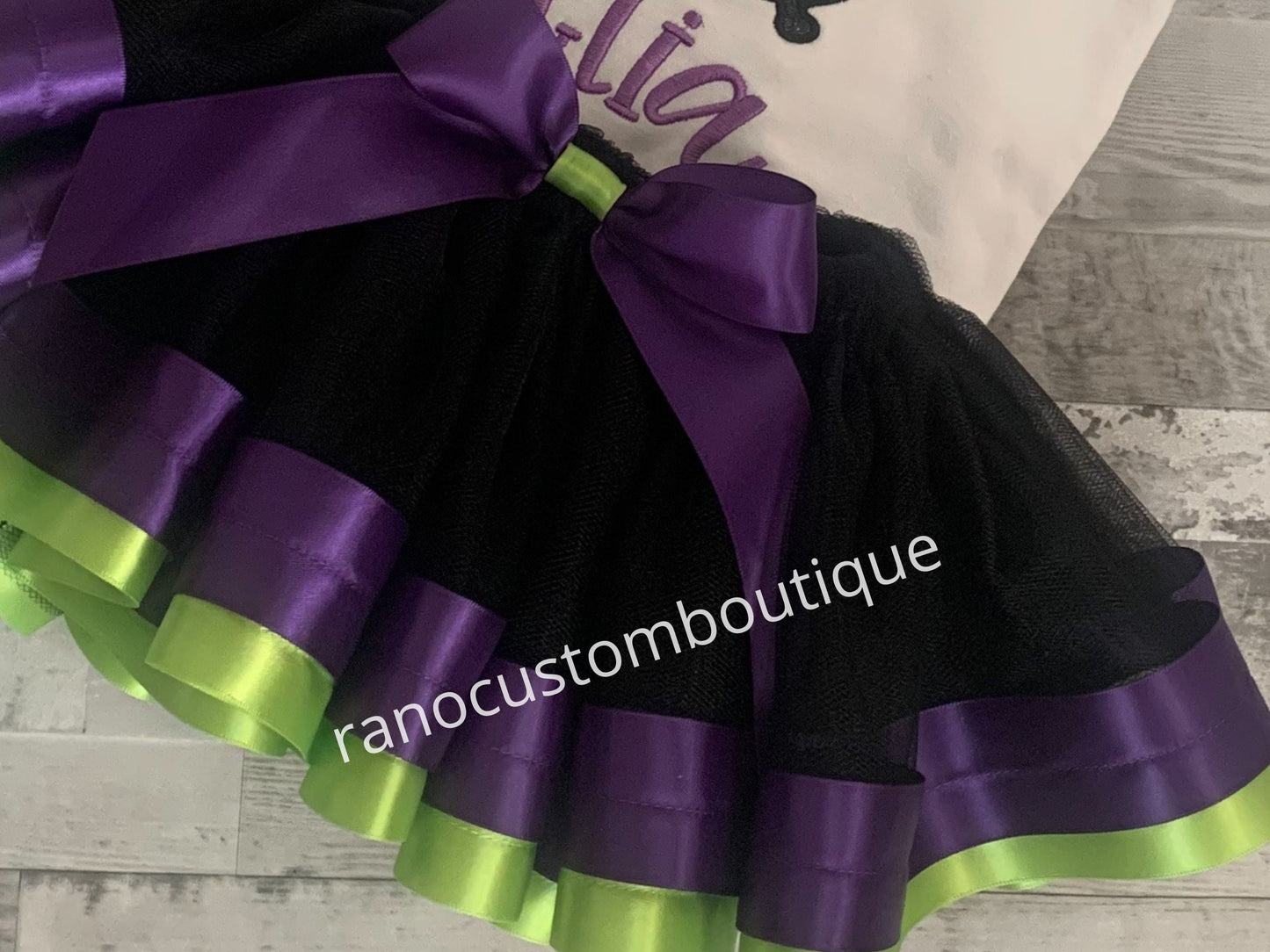 Black Tutu Skirt, Birthday Party Girl Tutu Skirt, Purple and Green Satin Ribbon Trim Tutu, Black Halloween Tutu Skirt