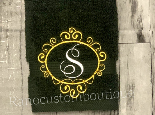 Monogrammed Elegant Frame Design, Embroidered Green Face towel, Wedding Gifts, Custom elegant Towel Design