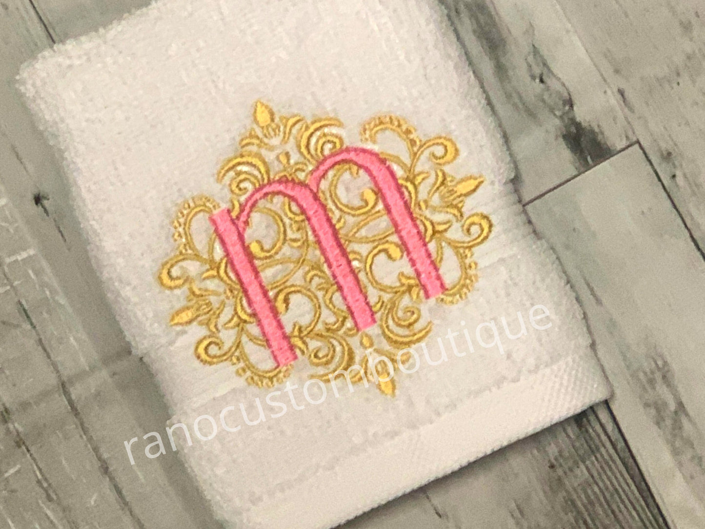 Monogrammed Elegant Damask Towels, Embroidered Face towel, Wedding Gifts, Custom elegant Towel Design