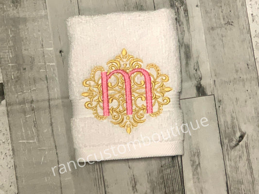 Monogrammed Elegant Damask Towels, Embroidered Face towel, Wedding Gifts, Custom elegant Towel Design