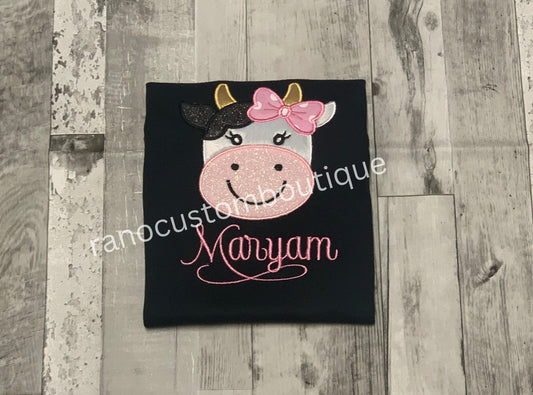 Personalised Baby Cow Girl Shirt, Personalised Girls Clothing, Baby Cow Design, Custom Name Design, Embroidered Clothing