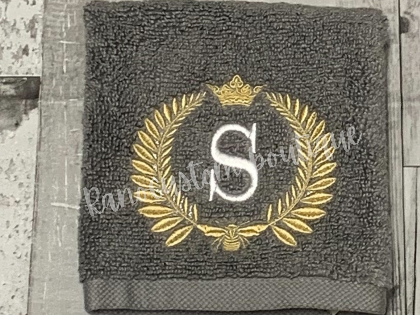 Personalised Bee Monogrammed towel, bee laurel towel, Personalised  Grey Towel,Embroidered Face Towel , Wedding Gift